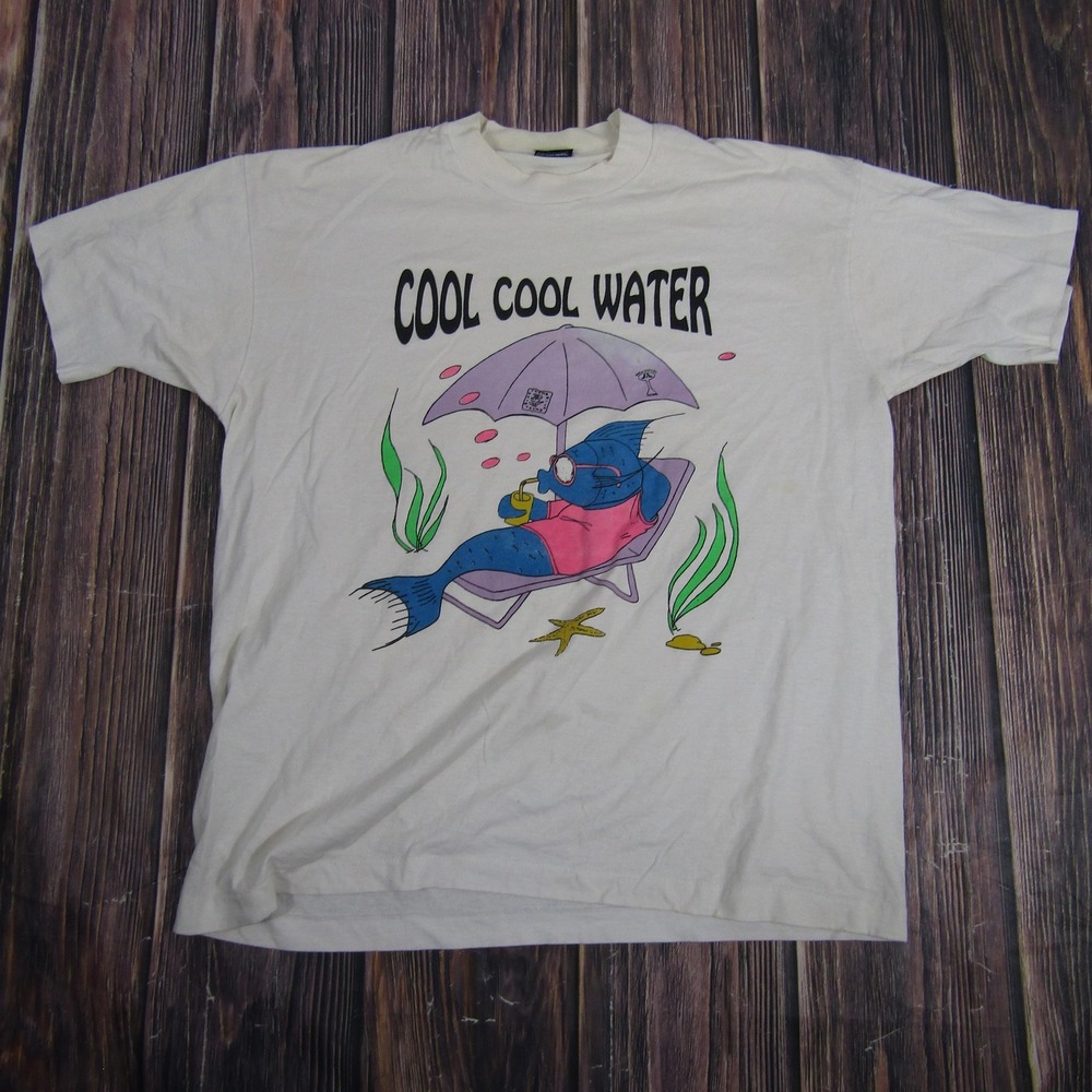 Vintage Cool Cool Water Shirt Mens Extra Large White Fish Graphic Funny‎ 90s USA